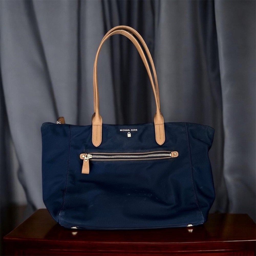 Michael Kors Dark Blue Tote with Tan Handles